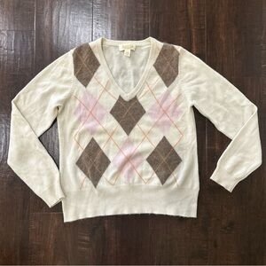 Peck & Peck Cream and Brown Argyle V-Neck Sweater